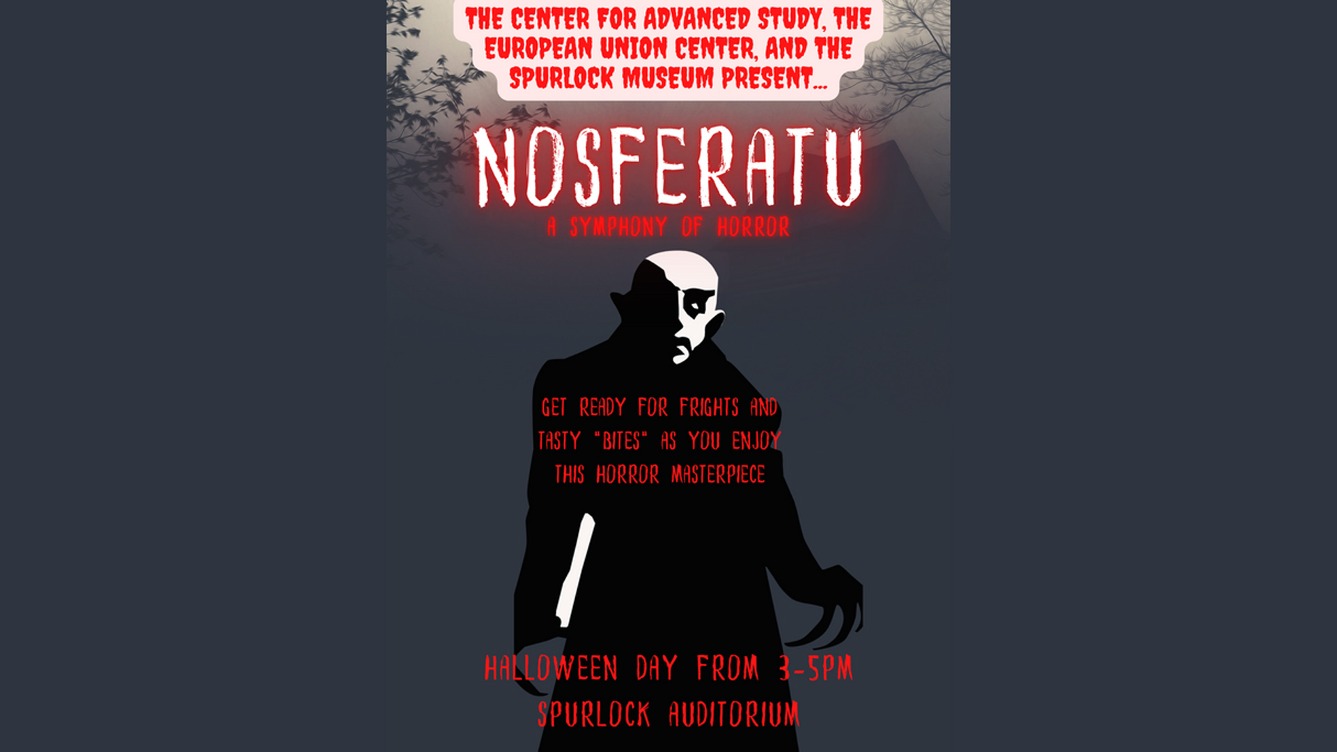 Depiction of a vampire on a dark gray background. Reads, "Nosferatu," in spooky red and white lettering. 