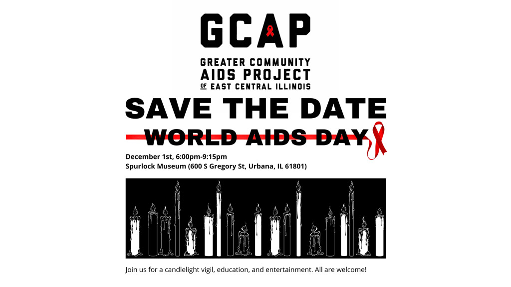 Flyer reading, "Save the Date World AIDS Day" with black and white candles.