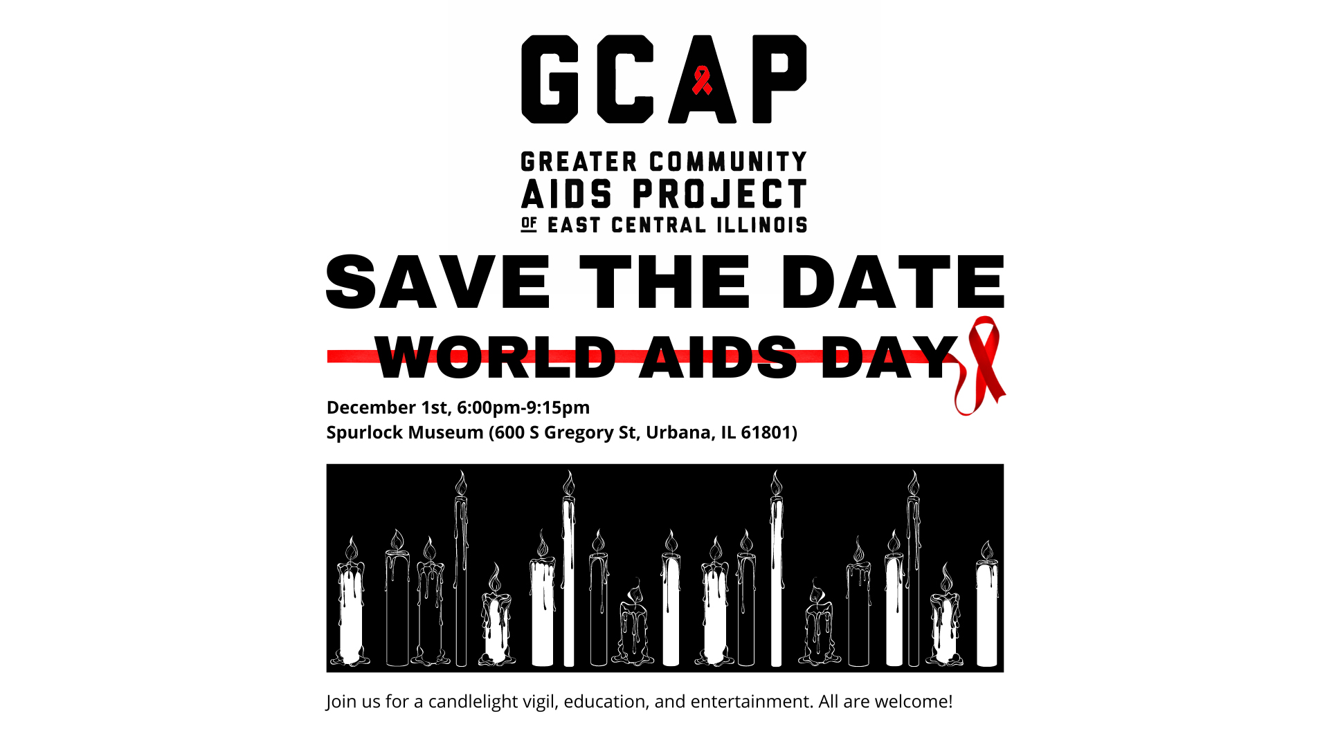 Flyer reading, "Save the Date World AIDS Day" with black and white candles. 