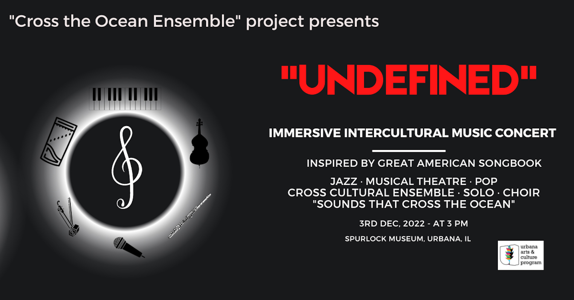 Black Undefined poster with a treble clef surrounded by musical instruments on the right.