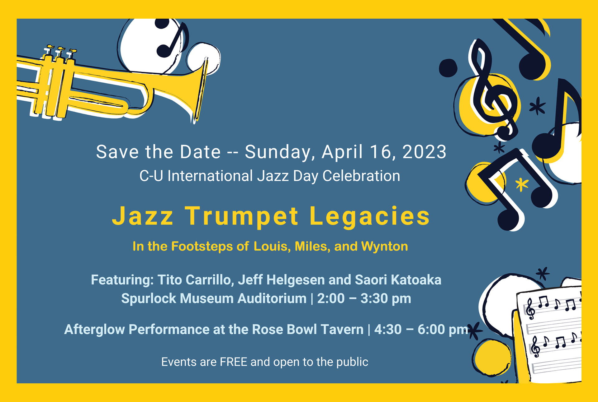 photos of three jazz musicians on a blue background with yellow text that repeats information given