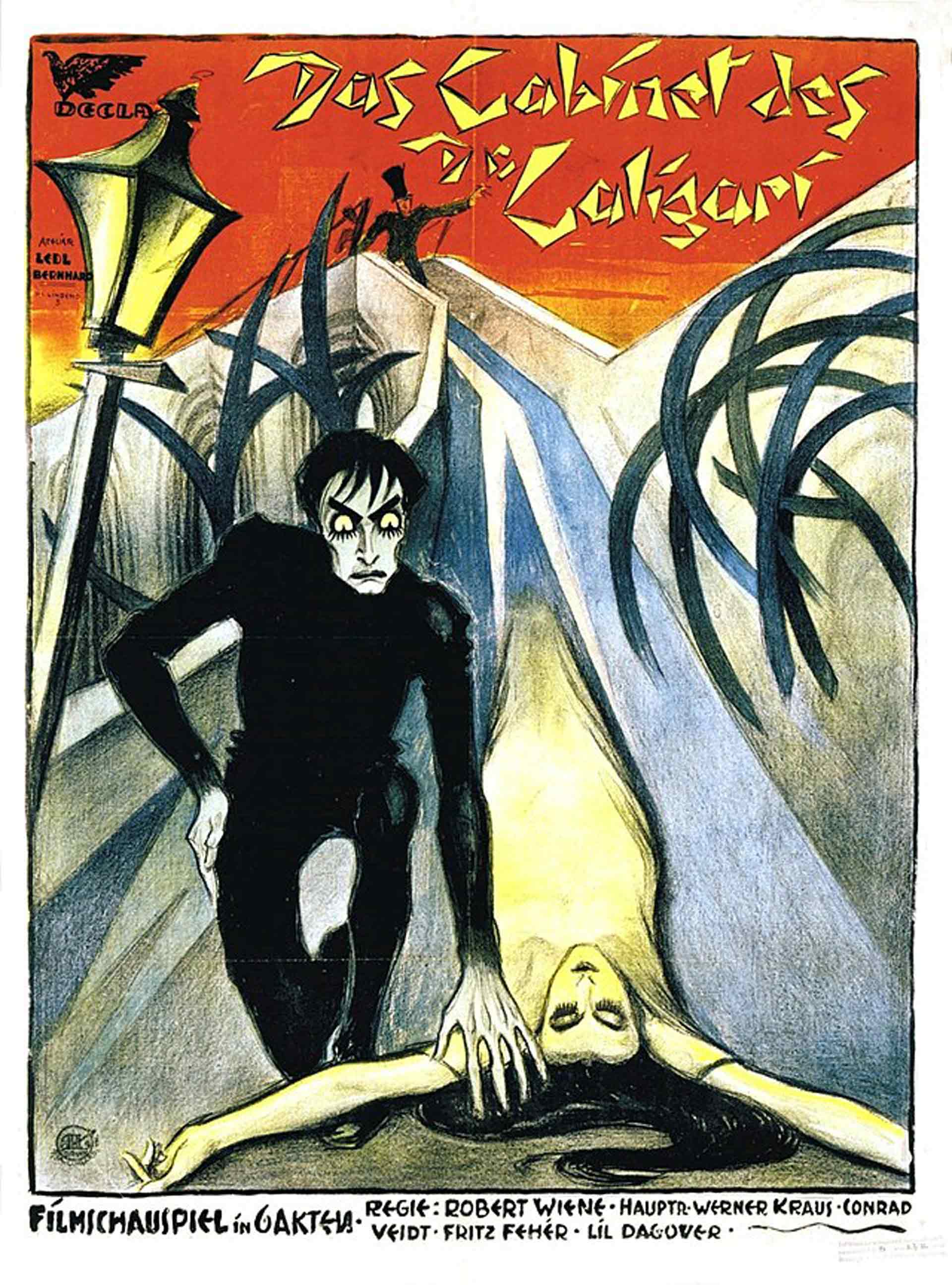 flyer with the movie title, Das Cabinet des Dr. Caligari, and full illustration of a man with black hair placing his hand on a woman's shoulder