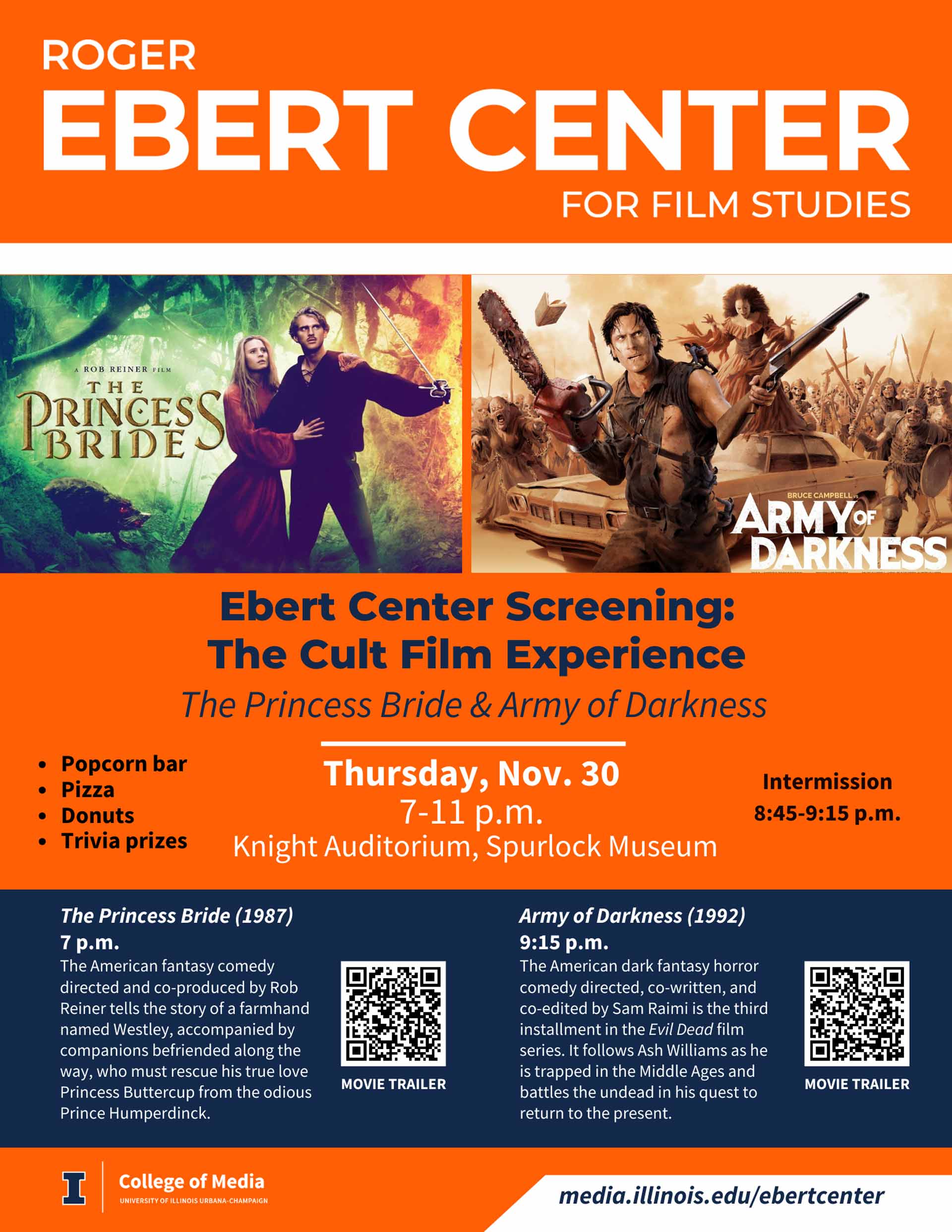 movie posters for "the Princess Bride" and "Amry of Darkness" on orange background with text relaying info in event post