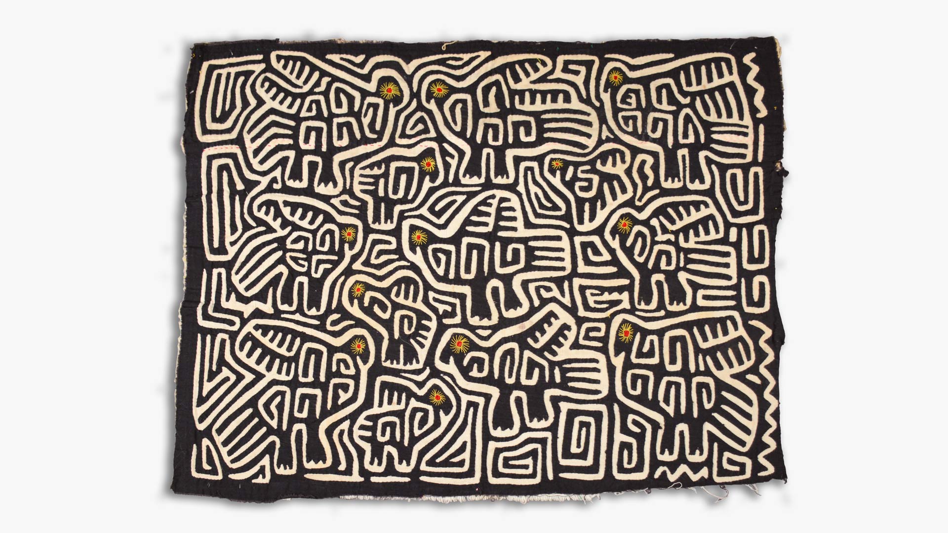 Brown and white decorative cloth with abstract birds composed of intricate lines