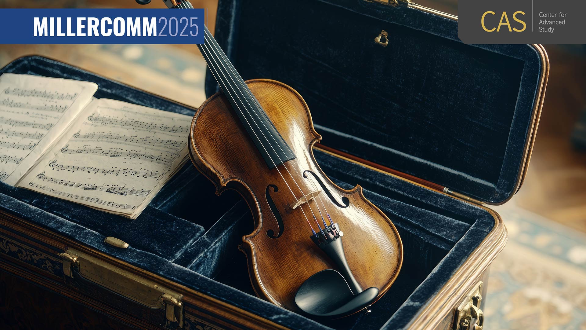 Violin in a case with sheet music and the millercom CAS logo