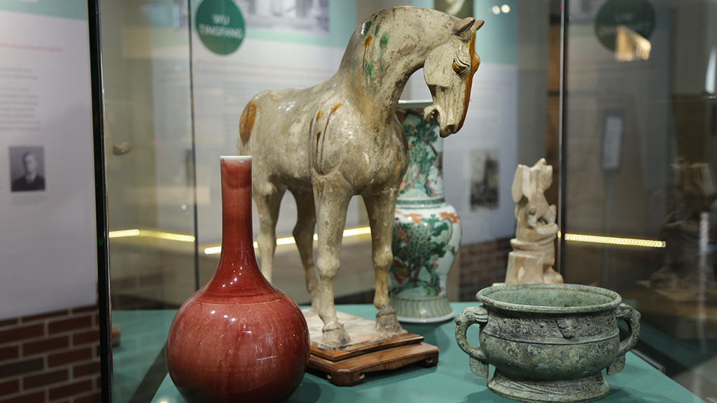 china potteries, sculptures of horse and Chinese god, greencopper container