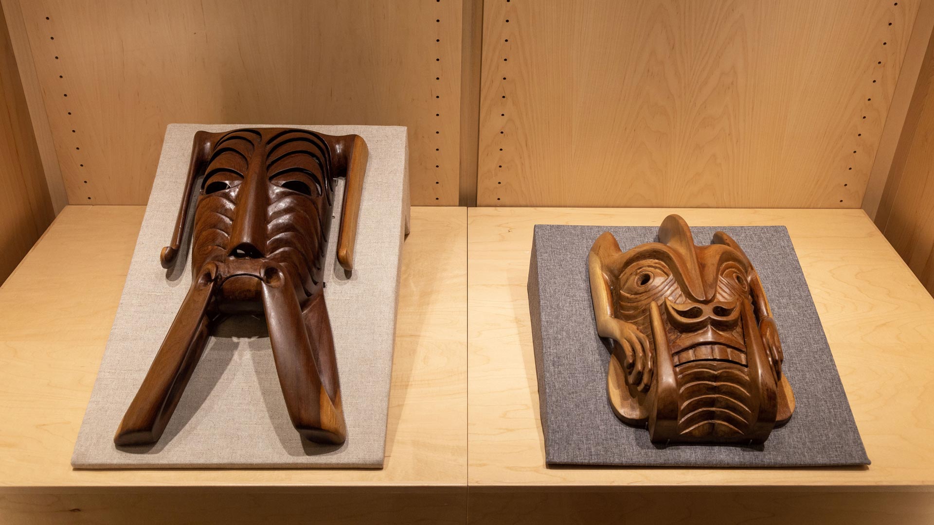 Mah Meri woodcarvings of the Spirit of Twilight and Frog Spirit