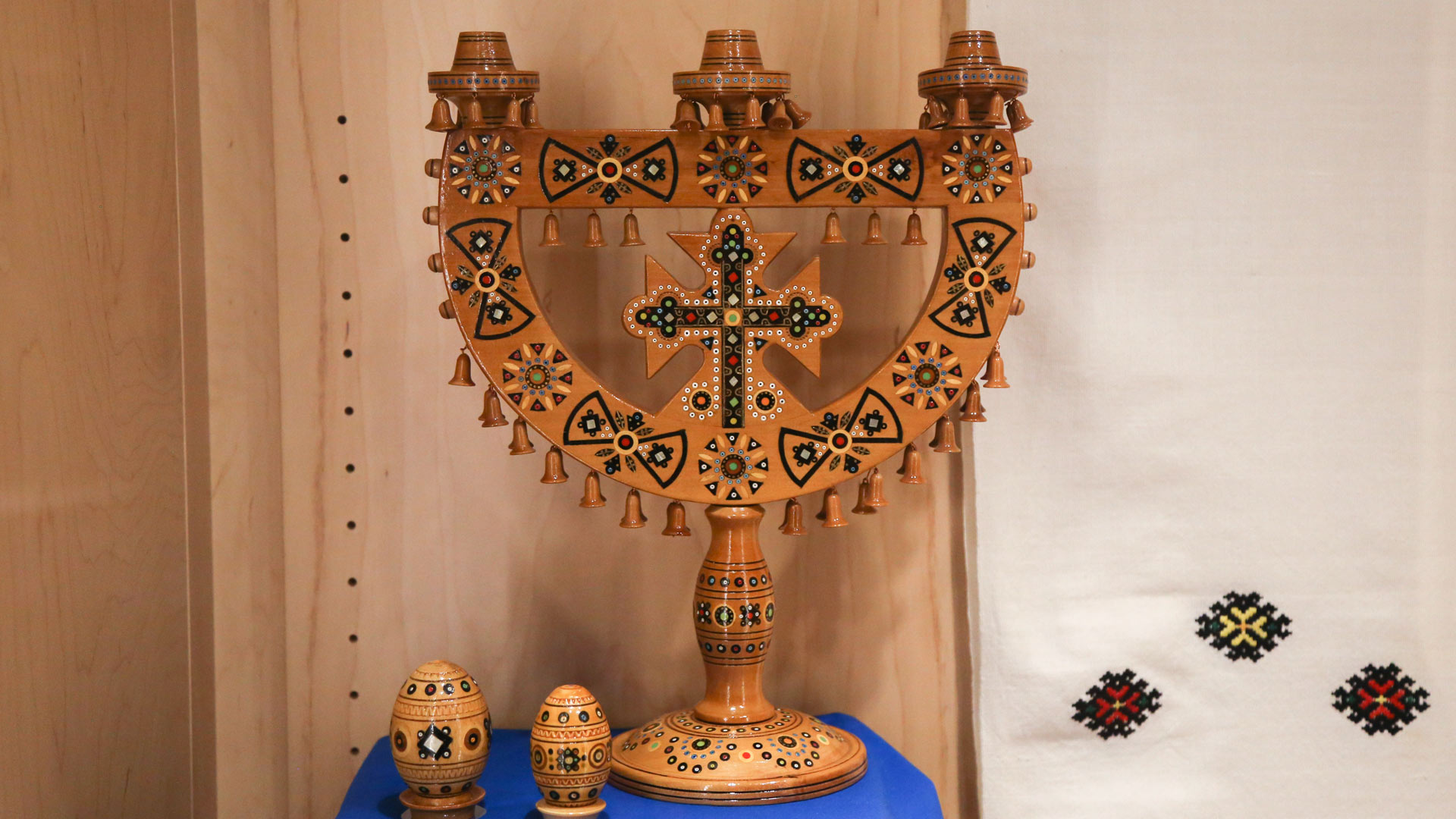 Hutsul three-armed candelabrum and Hutsul easter eggs
