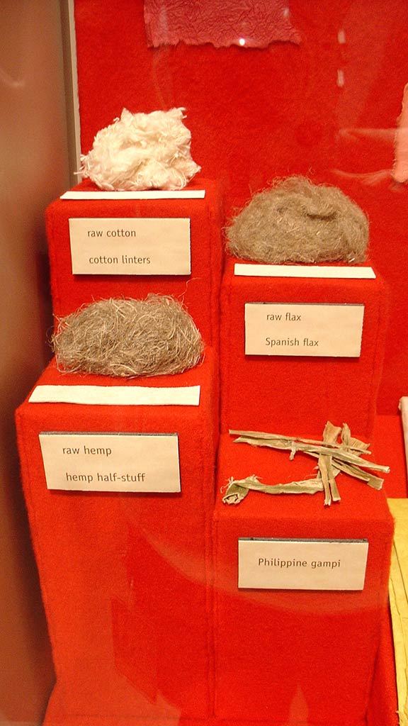 samples of raw cotton, flax, hemp, and philippine gampi