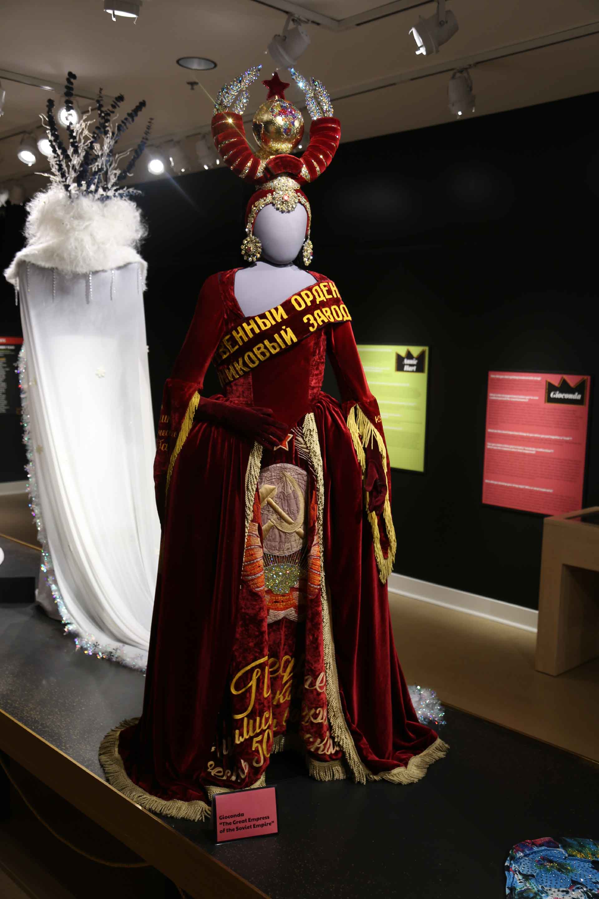 Mannequin in Russian red velvet and gold drag costume