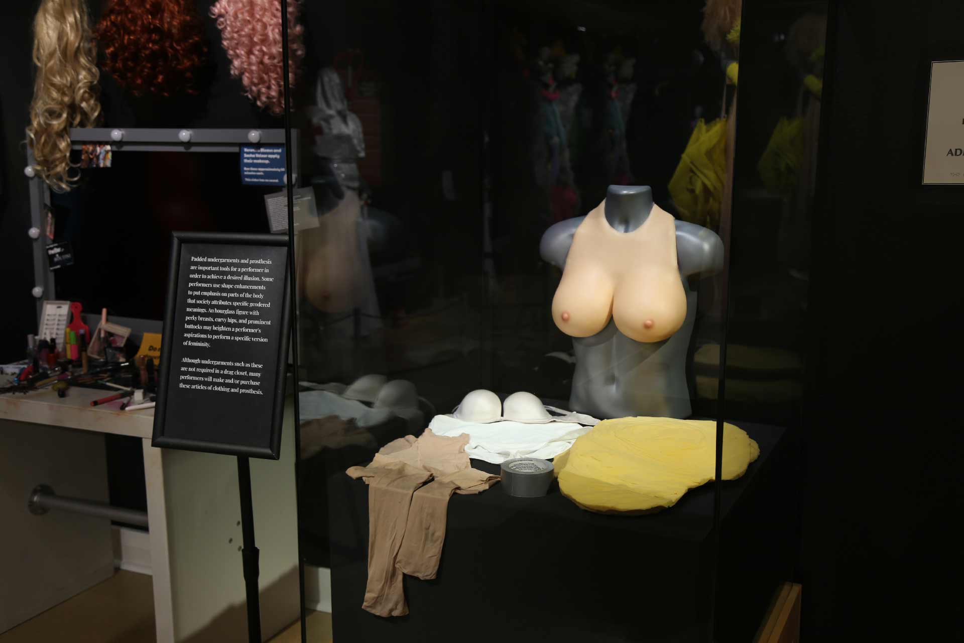 display case with various prosethetic materials and shapewear