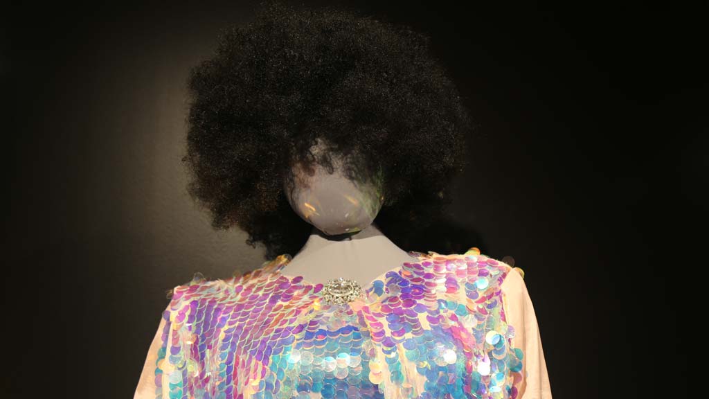 head of mannequin with Afro and top of sequined costume