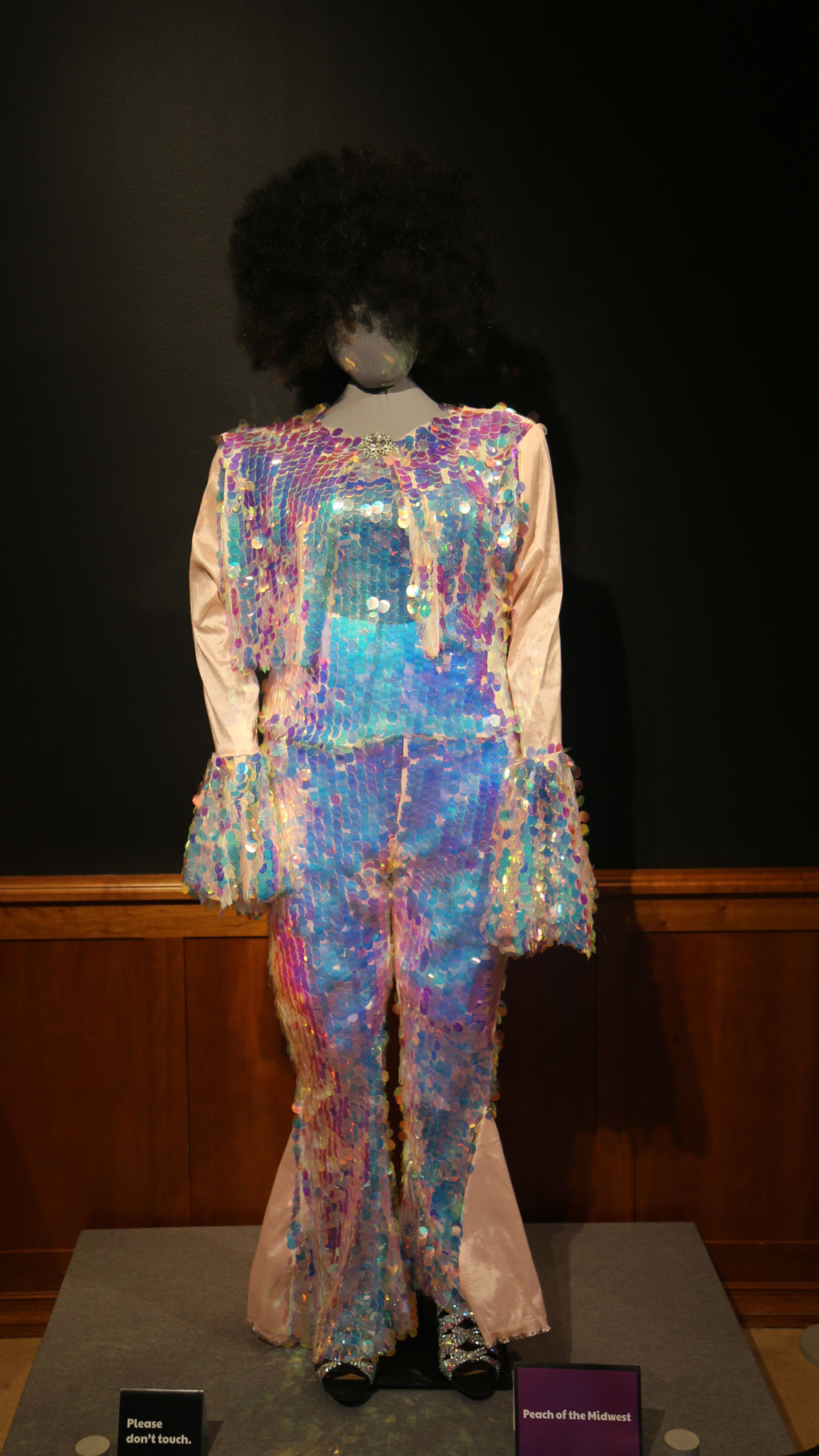 full view of mannequin with a sequined costume and Afro