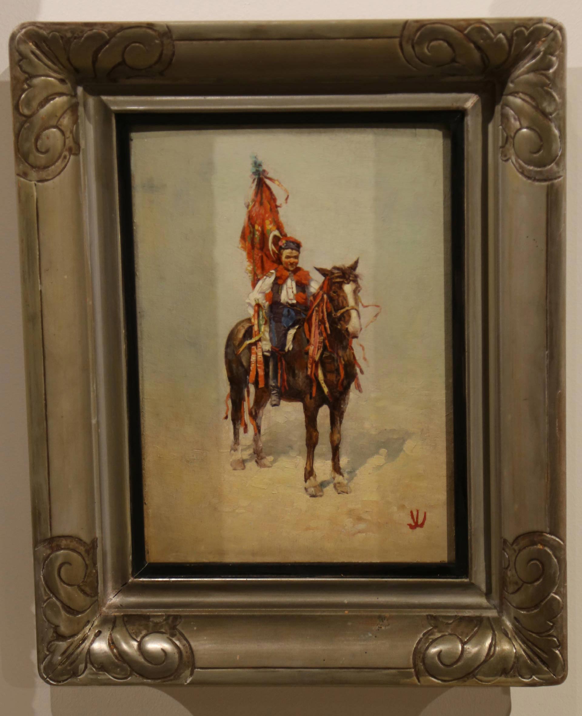 painting of a person on a horse carrying a flag