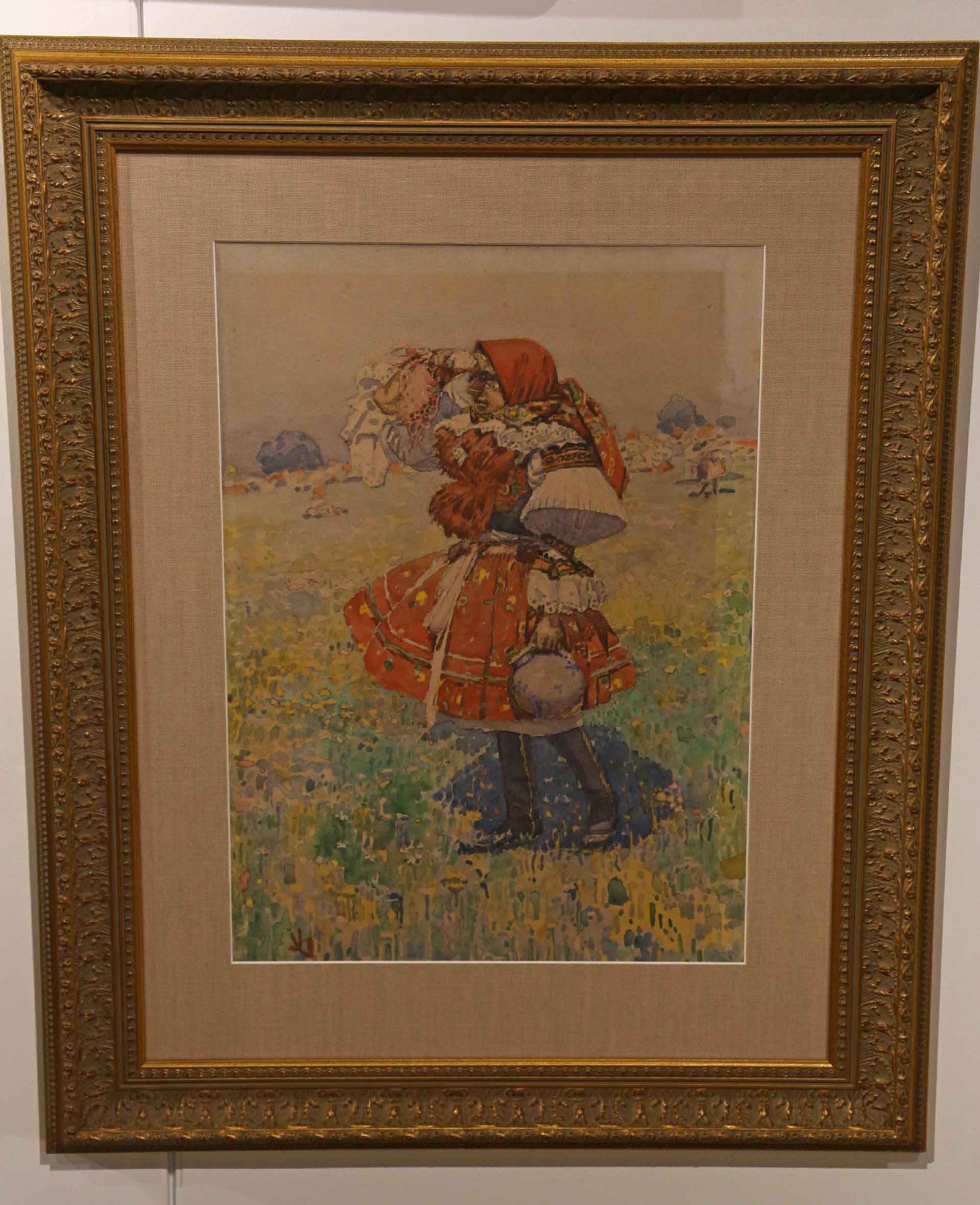 painting of a person in a lot of clothing on looking out over a field