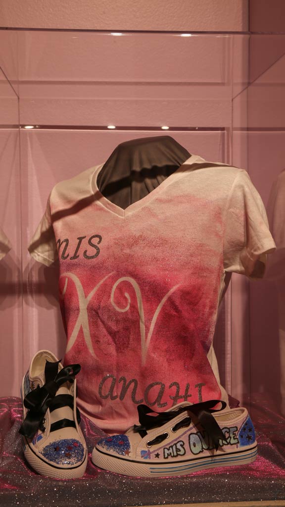 pink and white t shirt and custom quince sneakers
