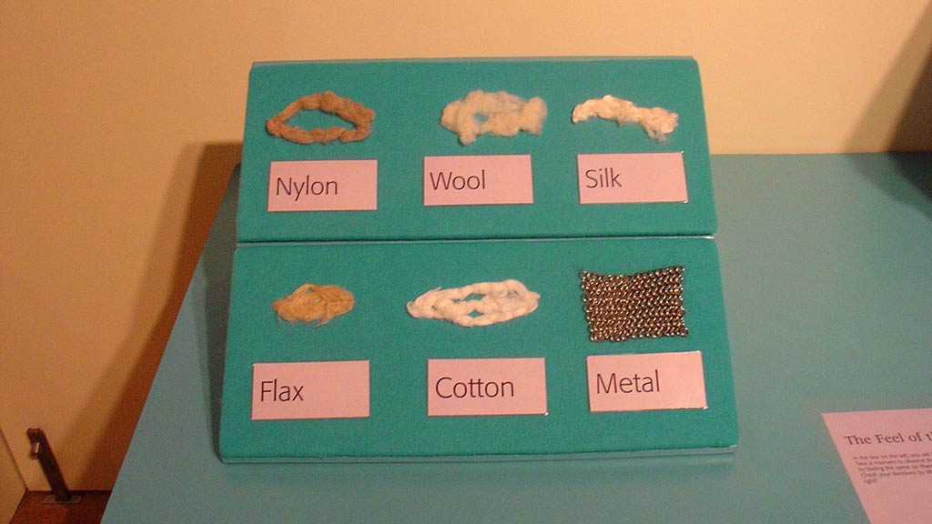 samples of Nylon, Wool, silk, falx, cotton and metal